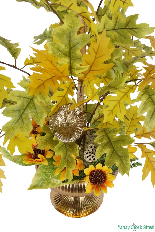 Metal Saksıda Yapay Sonbahar Yapraklı Ayçiçek Tanzimi 74 cm - 4