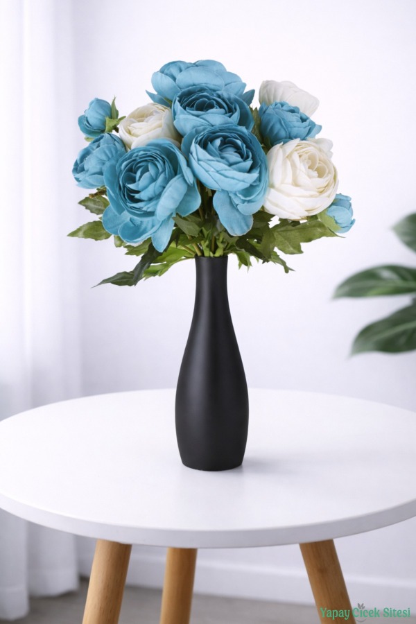 Mini Başlı Yapay Şakayık Buketi 9lu Mavi - Krem - 1