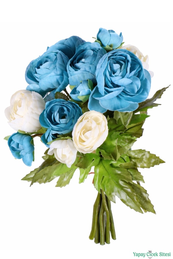 Mini Başlı Yapay Şakayık Buketi 9lu Mavi - Krem - 2