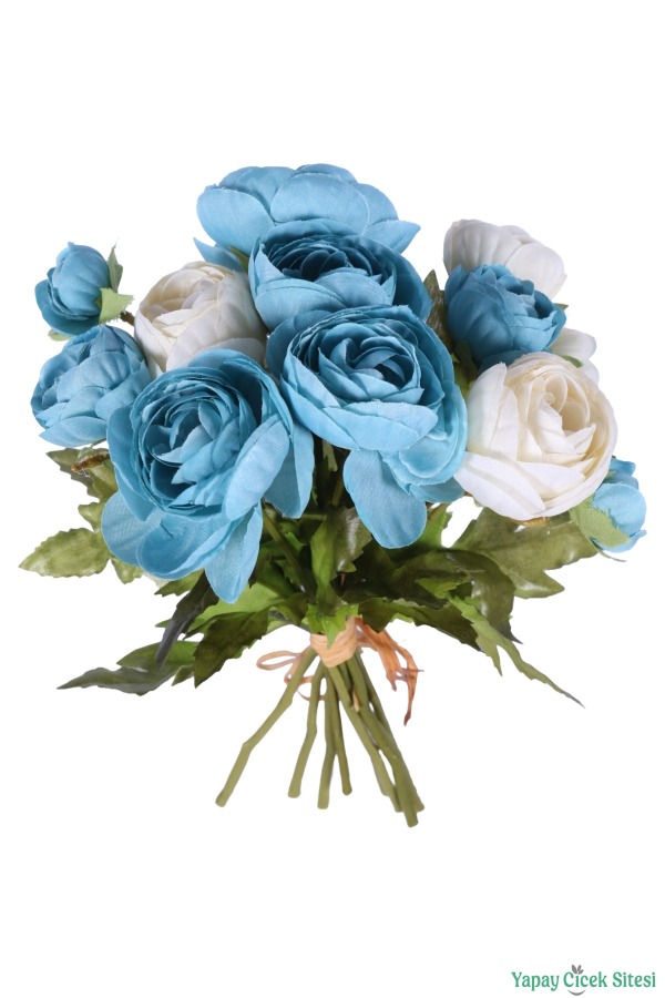 Mini Başlı Yapay Şakayık Buketi 9lu Mavi - Krem - 3