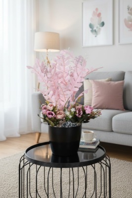 Pembe Yapraklı Dekoratif Yapay Çiçek Tanzimi 45 cm - 4