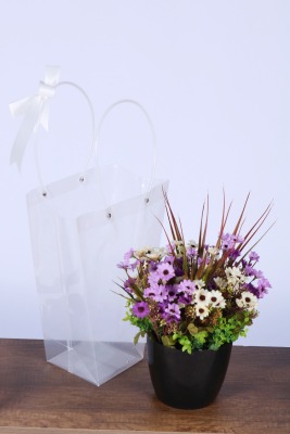 Saksılı Çiçek Aranjmanı (Şeffaf Çanta Hediyeli) Model 12 - Yapay Çiçek Sitesi