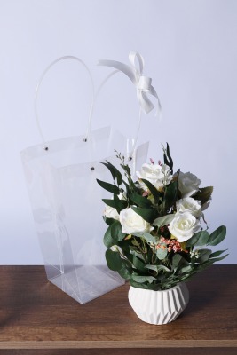 Saksılı Çiçek Aranjmanı (Şeffaf Çanta Hediyeli) Model 13 - Yapay Çiçek Sitesi
