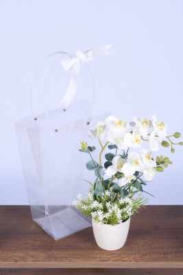 Saksılı Çiçek Aranjmanı (Şeffaf Çanta Hediyeli) Model 8 - Yapay Çiçek Sitesi