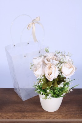 Saksılı Çiçek Aranjmanı (Şeffaf Çanta Hediyeli) Model 9 - Yapay Çiçek Sitesi