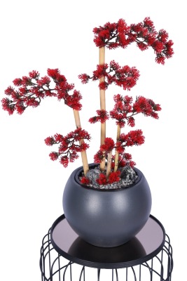 Antrasit Küre Saksıda Modern Minimal Tasarım Yapay Bonsai Ağacı Kırmızı 65 cm - 2