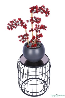 Antrasit Küre Saksıda Modern Minimal Tasarım Yapay Bonsai Ağacı Kırmızı 65 cm - 3