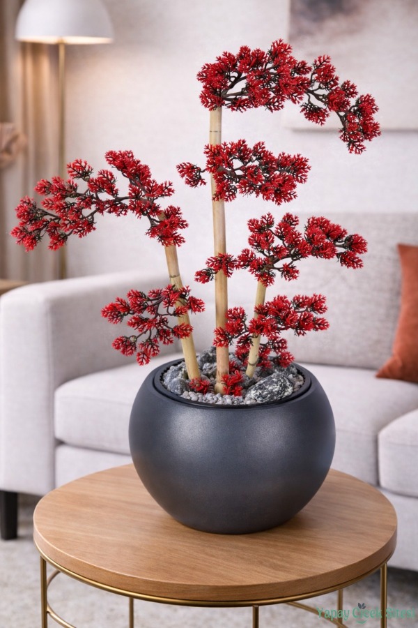 Antrasit Küre Saksıda Modern Minimal Tasarım Yapay Bonsai Ağacı Kırmızı 65 cm - 1