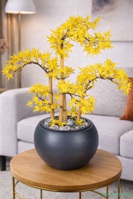 Antrasit Küre Saksıda Modern Minimal Tasarım Yapay Bonsai Ağacı Sarı 65 cm - Yapay Çiçek Sitesi