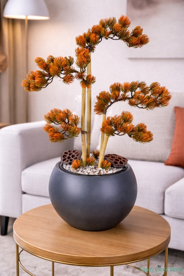 Antrasit Küre Saksıda Modern Minimal Tasarım Yapay Bonsai Ağacı Turuncu 65 cm - 1