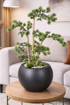 Antrasit Küre Saksıda Modern Minimal Tasarım Yapay Bonsai Ağacı Yeşil 65 cm - Yapay Çiçek Sitesi