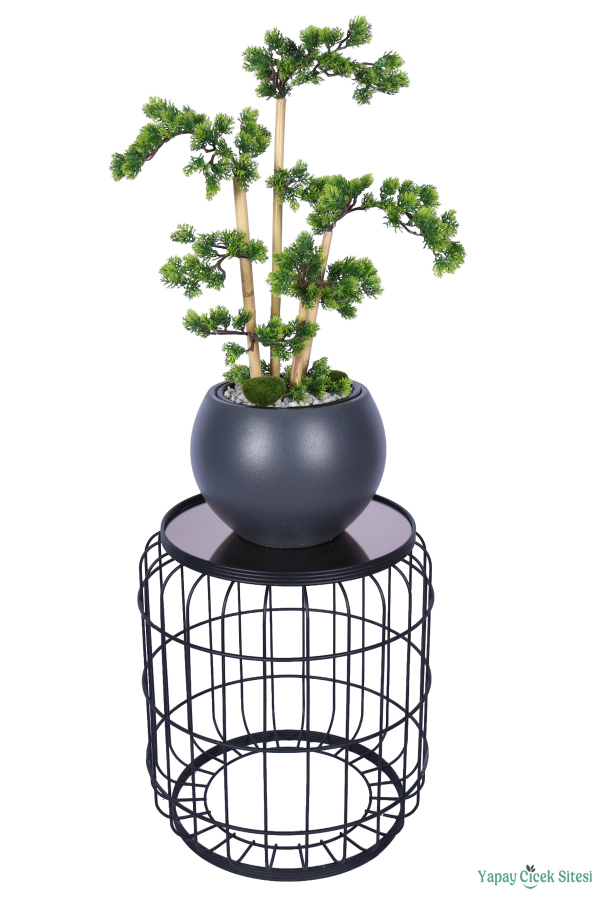 Antrasit Küre Saksıda Modern Minimal Tasarım Yapay Bonsai Ağacı Yeşil 65 cm - 3