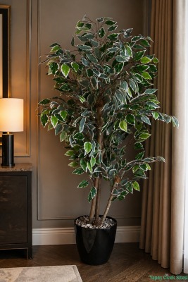 Siyah Saksıda Yapay Benjamin (Ficus) Ağacı 130 cm Yeşil-Beyaz - Yapay Çiçek Sitesi