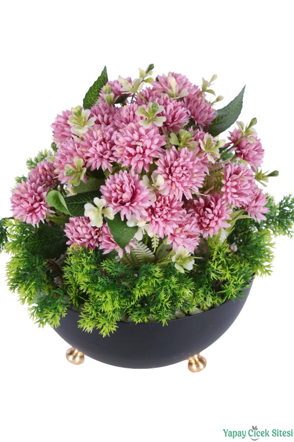 Tas Metal Saksıda Yapay Pembe Krizantem Tanzimi 26 cm - 2