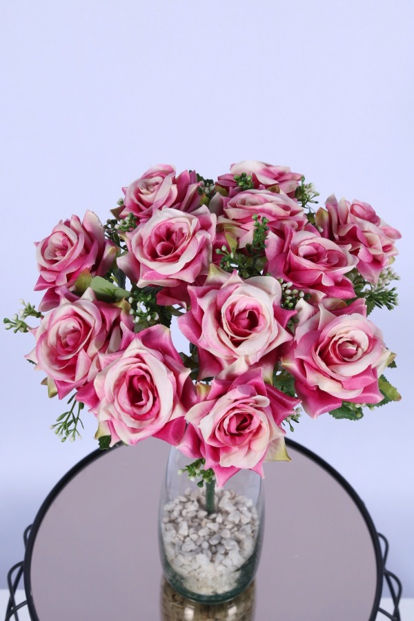 Tomurcuk Detaylı Yapay Gül Demeti Fuşya 12 Dal - 2