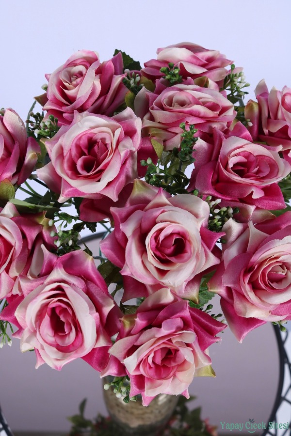 Tomurcuk Detaylı Yapay Gül Demeti Fuşya 12 Dal - 4