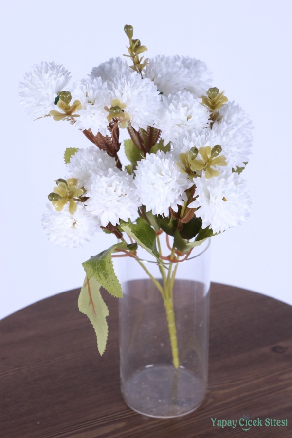 Yapay 15 Kafalı Top Krizantem Demeti 32 Cm Beyaz - 3