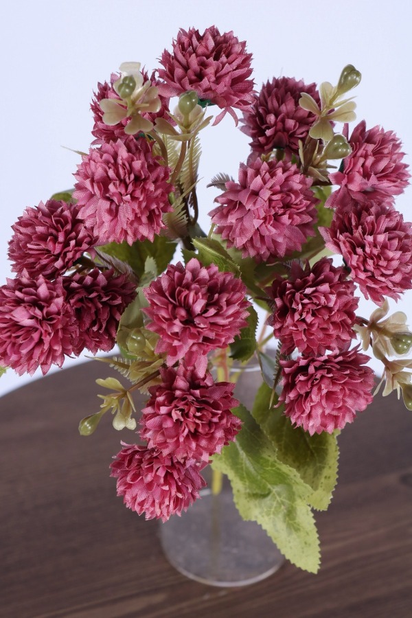 Yapay 15 Kafalı Top Krizantem Demeti 32 Cm Bordo - 2
