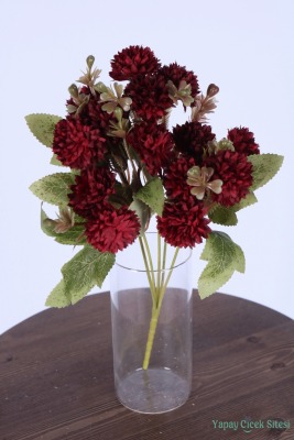 Yapay 15 Kafalı Top Krizantem Demeti 32 Cm Kırmızı - Yapay Çiçek Sitesi