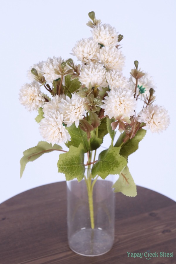 Yapay 15 Kafalı Top Krizantem Demeti 32 Cm Krem - 1