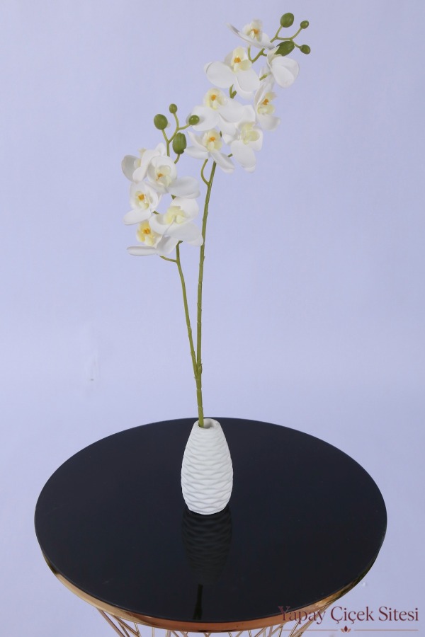 2 Dal Yapay Islak Dokuda 12 Kandilli Mini Orkide Çiçeği 55 cm Beyaz Sarı - 1