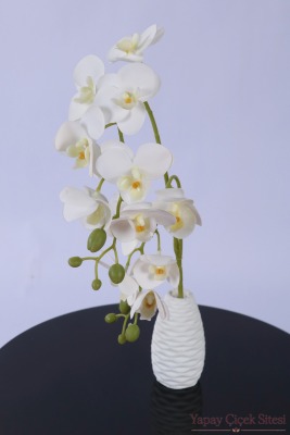 2 Dal Yapay Islak Dokuda 12 Kandilli Mini Orkide Çiçeği 55 cm Beyaz Sarı - 4
