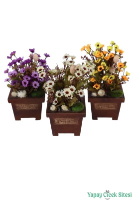 Ahşap Garden Saksıda 3'lü Set Gerçek Görünümlü Yapay Papatya Tanzimi 28 cm - Yapay Çiçek Sitesi
