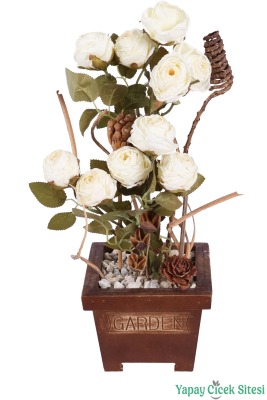 Ahşap Garden Saksıda Gerçek Görünümlü Yapay Gül Tanzimi 40 cm Kırık Beyaz - Yapay Çiçek Sitesi