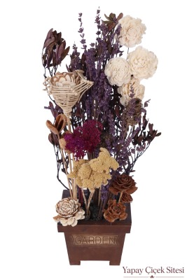 Ahşap Garden Saksıda Natürel Kuru Çiçek Bahçesi Tanzimi 50 cm - Yapay Çiçek Sitesi