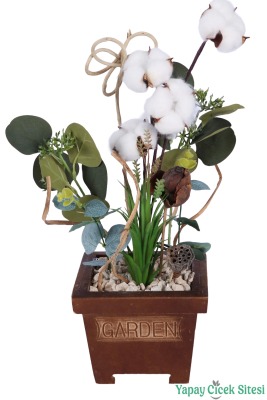 Ahşap Garden Saksıda Yapay Pamuk ve Okaliptüs Tanzimi 42 cm - Yapay Çiçek Sitesi