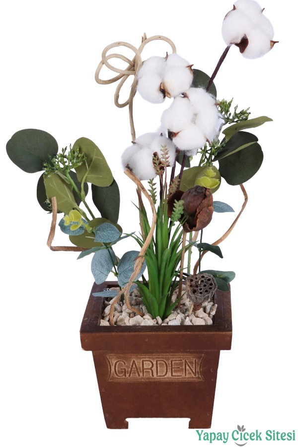 Ahşap Garden Saksıda Yapay Pamuk ve Okaliptüs Tanzimi 42 cm - 1