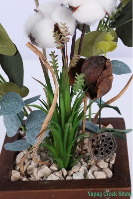 Ahşap Garden Saksıda Yapay Pamuk ve Okaliptüs Tanzimi 42 cm - 3