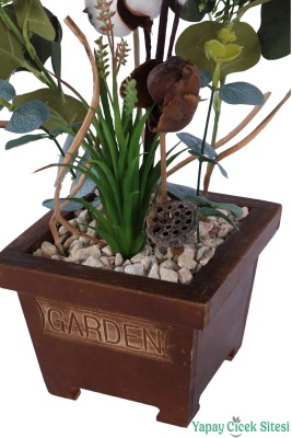 Ahşap Garden Saksıda Yapay Pamuk ve Okaliptüs Tanzimi 42 cm - 4