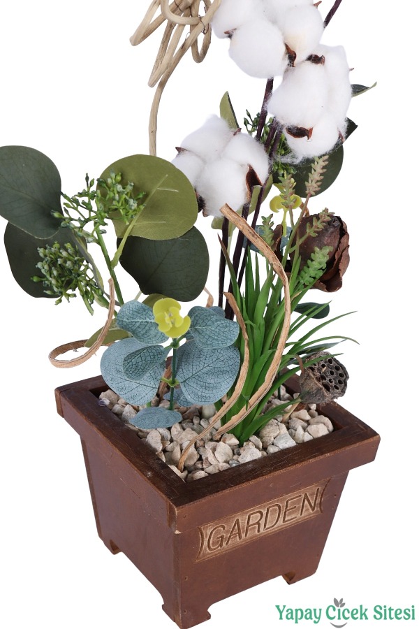 Ahşap Garden Saksıda Yapay Pamuk ve Okaliptüs Tanzimi 42 cm - 5