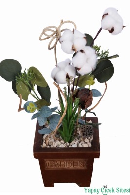 Ahşap Garden Saksıda Yapay Pamuk ve Okaliptüs Tanzimi 42 cm - 6