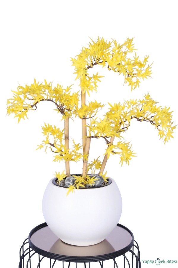 Beyaz Küre Saksıda Modern Minimal Tasarım Yapay Bonsai Ağacı Sarı 65 cm - 2