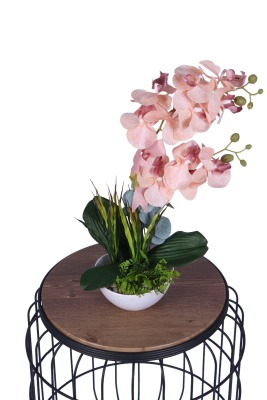 Yapay Çiçek Sitesi Dekoratif Melamin Saksıda Bol Yeşillikli Orkide Tanzimi Açık Pembe - Yapay Çiçek Sitesi