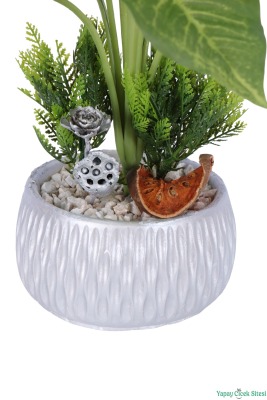 Gümüş Beton Saksıda Yapay Ok Yapraklı Bitki Tanzimi 46cm Yeşil - 3
