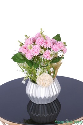 Gümüş Beton Saksıda Yapay Tomurcuklu Krizantem Tanzimi 28 cm Açık Pembe - Yapay Çiçek Sitesi