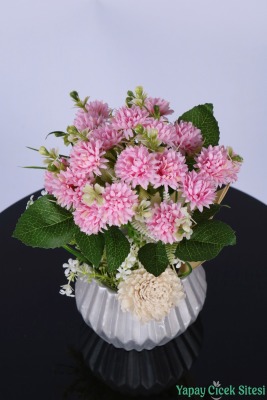 Gümüş Beton Saksıda Yapay Tomurcuklu Krizantem Tanzimi 28 cm Açık Pembe - 2