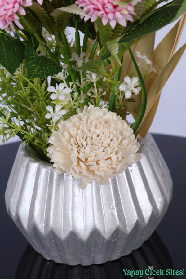 Gümüş Beton Saksıda Yapay Tomurcuklu Krizantem Tanzimi 28 cm Açık Pembe - 4