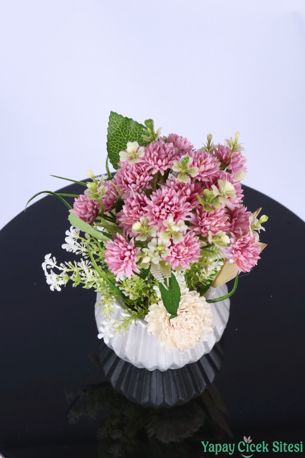 Gümüş Beton Saksıda Yapay Tomurcuklu Krizantem Tanzimi 28 cm Pembe - 2