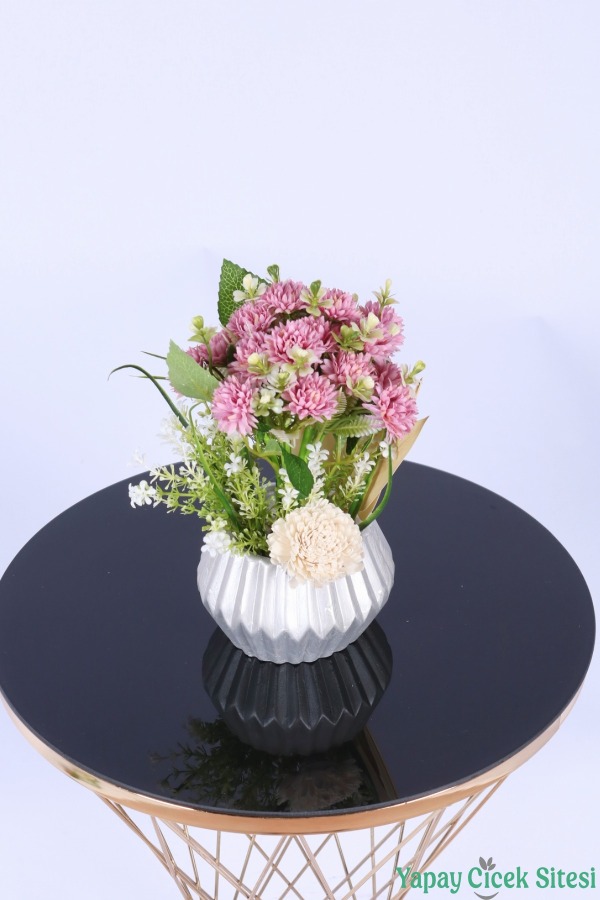 Gümüş Beton Saksıda Yapay Tomurcuklu Krizantem Tanzimi 28 cm Pembe - 3