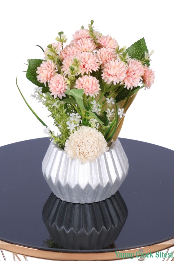 Gümüş Beton Saksıda Yapay Tomurcuklu Krizantem Tanzimi 28 cm Somon - 1