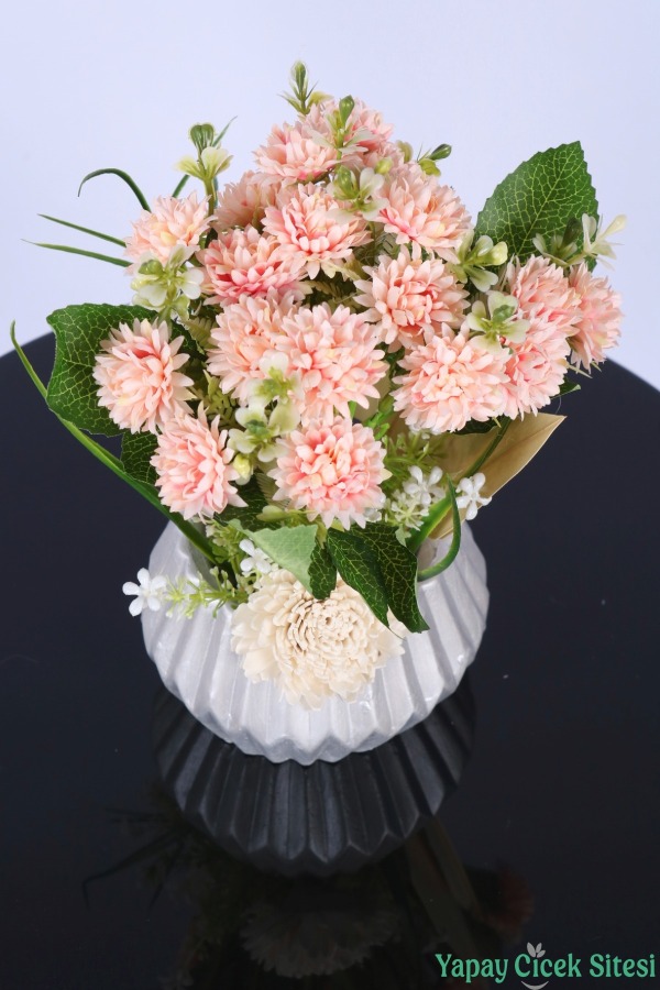 Gümüş Beton Saksıda Yapay Tomurcuklu Krizantem Tanzimi 28 cm Somon - 2