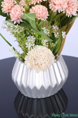 Gümüş Beton Saksıda Yapay Tomurcuklu Krizantem Tanzimi 28 cm Somon - 3