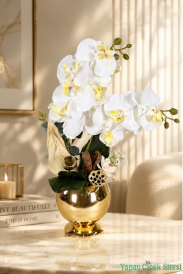 Metal Altın Küre Saksıda Orkide Tanzimi 43 cm Beyaz - Yapay Çiçek Sitesi