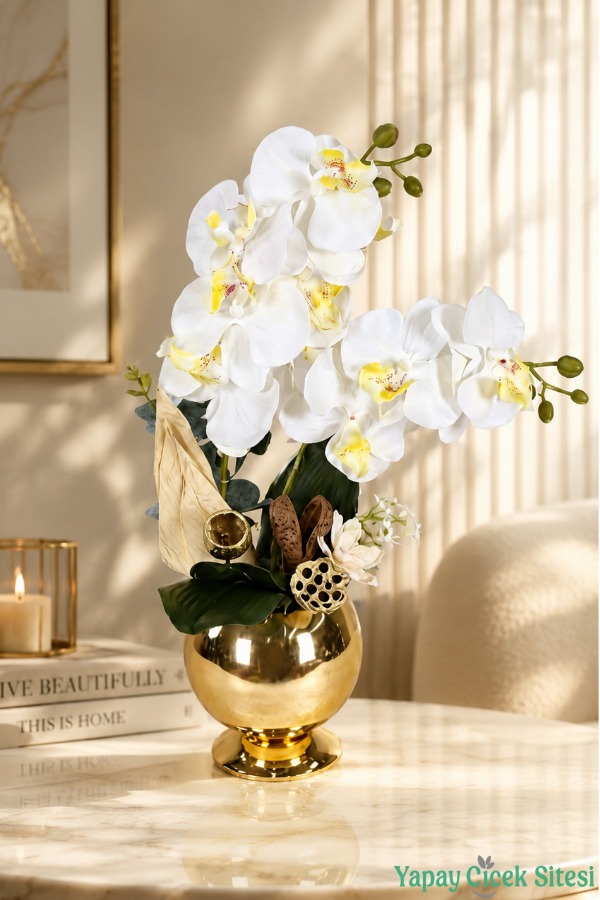 Metal Altın Küre Saksıda Orkide Tanzimi 43 cm Beyaz - 1