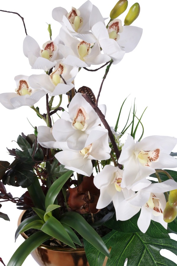Metal Altın Vazoda Cymbidium Orkide Tanzimi 80cm Beyaz - 2