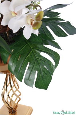 Metal Altın Vazoda Cymbidium Orkide Tanzimi 80cm Beyaz - 3